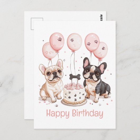 ハッピーバースデーフランスのブルドッグお誕生日ケーキピンク ポストカード (正面/裏面)