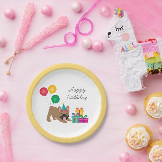 ハッピーバースデーフランスのブルドッグカラフル ペーパープレート (パーティー)