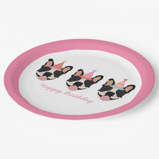 ハッピーバースデーフランスのブルドッグパーティーハットピンク ペーパープレート (アングル)
