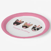 ハッピーバースデーフランスのブルドッグパーティーハットピンク ペーパープレート (アングル)