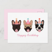 ハッピーバースデーフランスのブルドッグパーティーハットピンク ポストカード (正面/裏面)