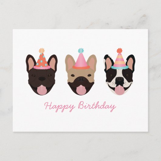 ハッピーバースデーフランスのブルドッグパーティーハットピンク ポストカード (正面)