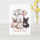 ハッピーバースデーフランスのブルドッグパーティー帽子 カード (黄色い花)