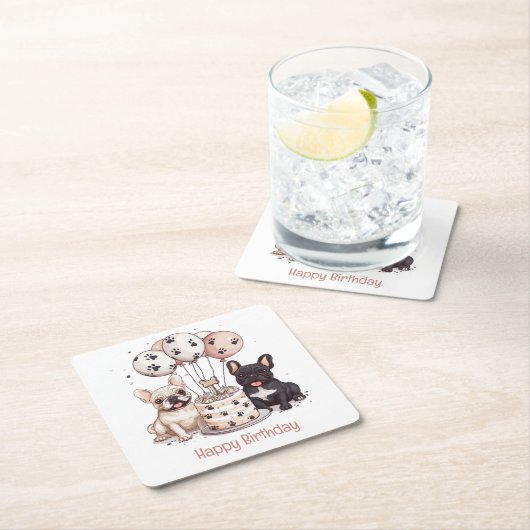 ハッピーバースデーフランスのブルドッグパーティー帽子 スクエアペーパーコースター (インサイチュ)