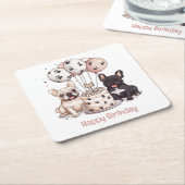 ハッピーバースデーフランスのブルドッグパーティー帽子 スクエアペーパーコースター (アングル)