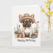 ハッピーバースデーフランスのブルドッグ園芸花ポット カード (黄色い花)
