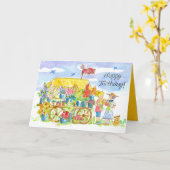 ハッピーバースデーフレンズフラワーカートパピードッグ カード (黄色い花)