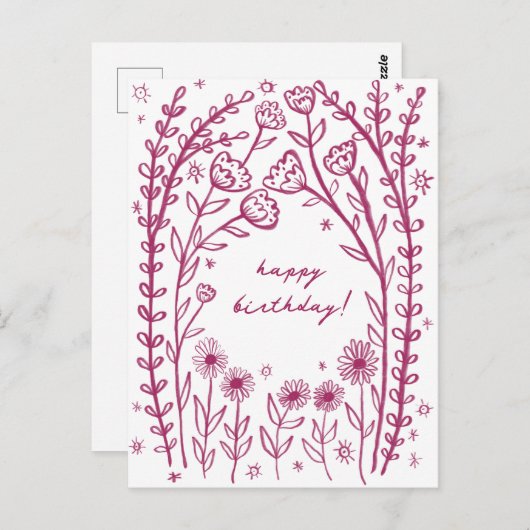 ハッピーバースデーフローラお洒落スケッチドードル ポストカード (正面/裏面)