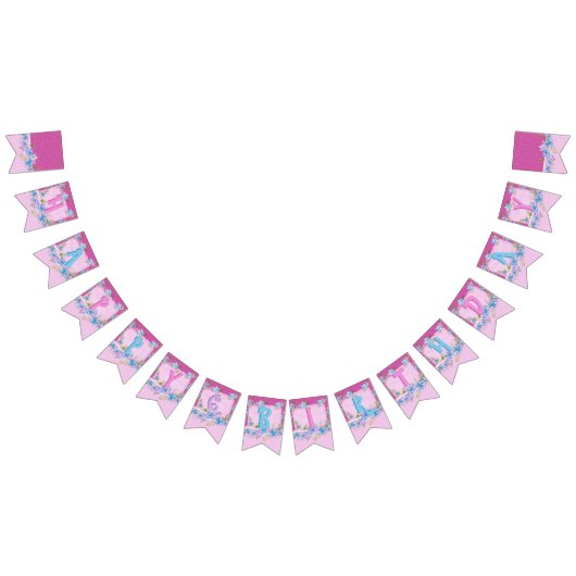 ハッピーバースデーフローラピンクパープル水玉模様パーティー バンティングフラッグ (全)