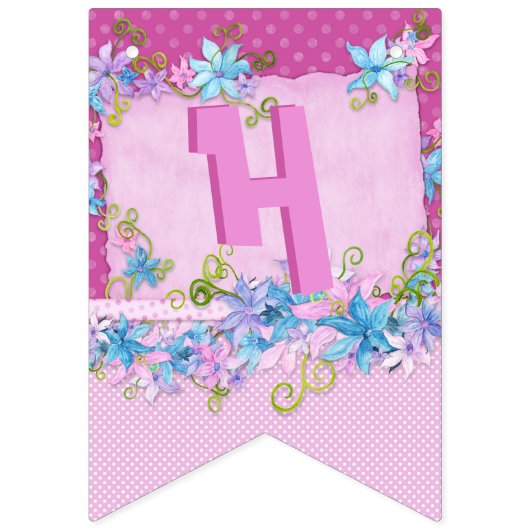 ハッピーバースデーフローラピンクパープル水玉模様パーティー バンティングフラッグ (第2の旗)