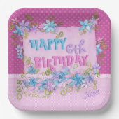 ハッピーバースデーフローラピンクパープル水玉模様 ペーパープレート (正面)