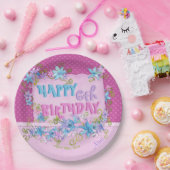 ハッピーバースデーフローラピンクパープル水玉模様 ペーパープレート (パーティー)