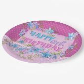 ハッピーバースデーフローラピンクパープル水玉模様 ペーパープレート (アングル)