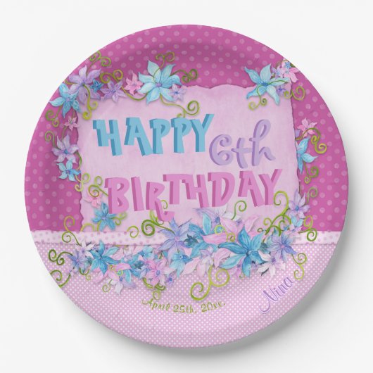 ハッピーバースデーフローラピンクパープル水玉模様 ペーパープレート (正面)