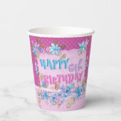 ハッピーバースデーフローラピンクパープル水玉模様 紙コップ (裏面)