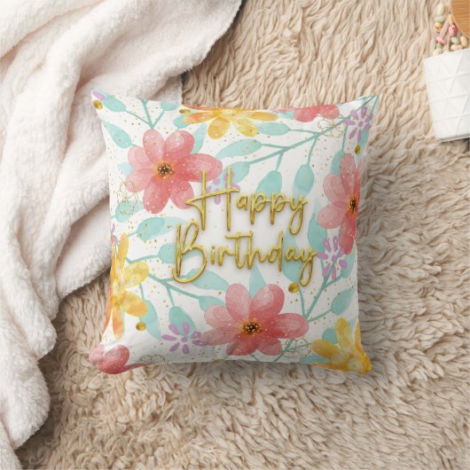 ハッピーバースデーフローラ植物エレガントテンプレート クッション (ブランケット)