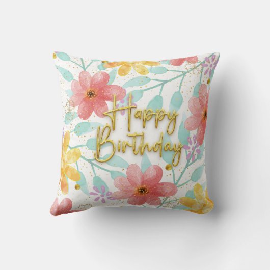 ハッピーバースデーフローラ植物エレガントテンプレート クッション (裏面)
