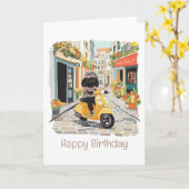 ハッピーバースデーブラックドードルライディングスクーター カード (黄色い花)