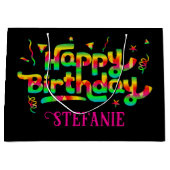 ハッピーバースデーブラックパーソナライズされたネーム誕生日 ラージペーパーバッグ (正面)