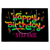 ハッピーバースデーブラックパーソナライズされたネーム誕生日 ラージペーパーバッグ (正面)