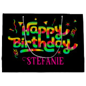 ハッピーバースデーブラックパーソナライズされたネーム誕生日 ラージペーパーバッグ (裏面)