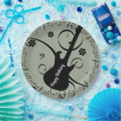 ハッピーバースデーブラックミュージックノートギターフラワー ペーパープレート (パーティー)