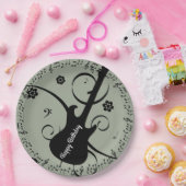 ハッピーバースデーブラックミュージックノートギターフラワー ペーパープレート (パーティー)