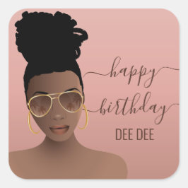 ハッピーバースデーブラック女性金ゴールドシェード、ピンク赤面 スクエアシール