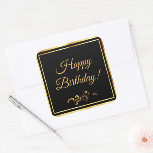ハッピーバースデーブラック金ゴールドエレガント男 スクエアシール (封筒)