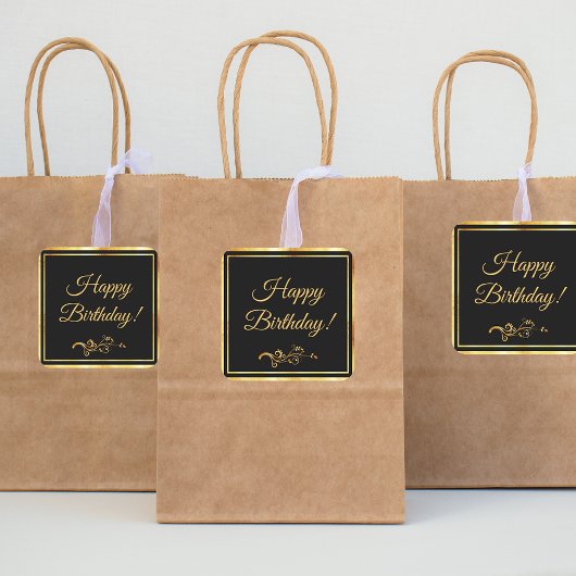 ハッピーバースデーブラック金ゴールドエレガント男 スクエアシール