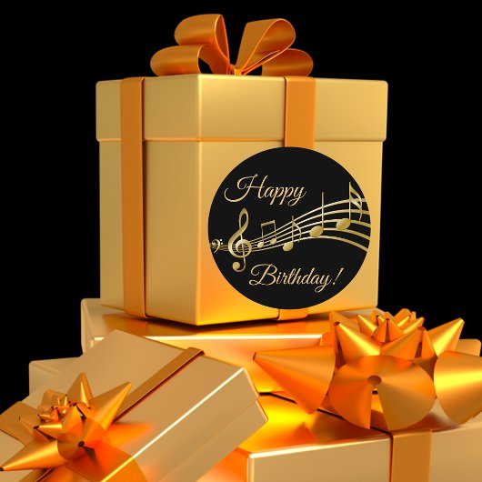 ハッピーバースデーブラック金ゴールドミュージックノート ラウンドシール