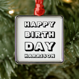 ハッピーバースデーブラック&ホワイト名前をカスタムするクリスマス メタルオーナメント