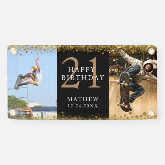 ハッピーバースデーブラック&金ゴールドグリッタースパークルパーティー 横断幕 (横)