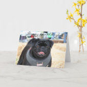 ハッピーバースデーブラックPUGグリーティングカード カード (黄色い花)