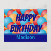 ハッピーバースデーブルーイエローレッドバルーンと名前 ポストカード (正面)