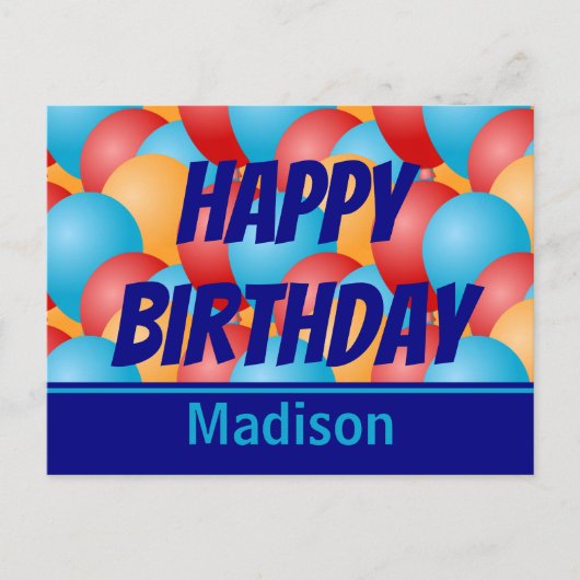 ハッピーバースデーブルーイエローレッドバルーンと名前 ポストカード (正面)