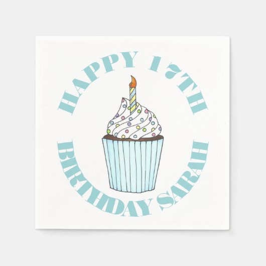 ハッピーバースデーブルーカップケーキスプリンクルつや消し スタンダードカクテルナプキン (正面)