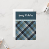 ハッピーバースデーブルータータンチェックフラットグリーティングカード カード (正面/裏面インサイチュ)