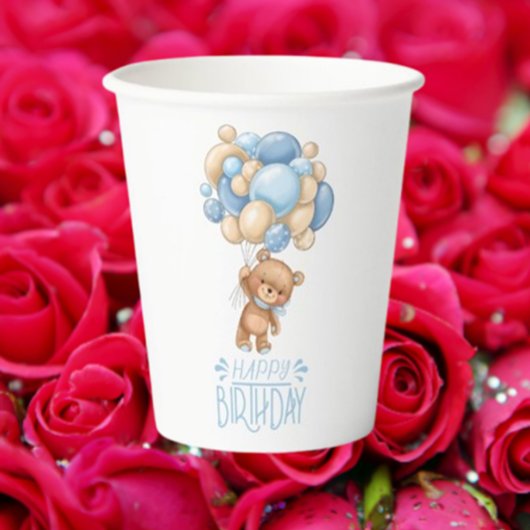 ハッピーバースデーブルーテディバルーンボーイ 紙コップ