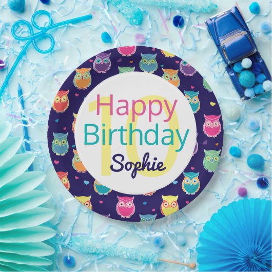 ハッピーバースデーブルーフクロウ模様の子パーソナライズされた供たち ペーパープレート (パーティー)