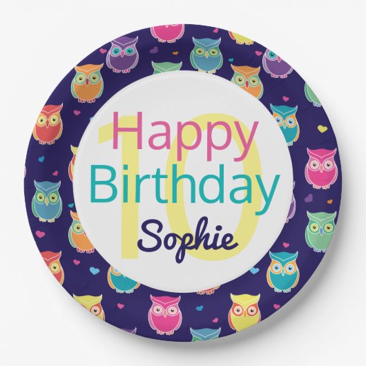 ハッピーバースデーブルーフクロウ模様の子パーソナライズされた供たち ペーパープレート (正面)