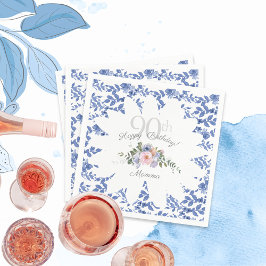 ハッピーバースデーブルーホワイト花模様ナプキンス スタンダードカクテルナプキン