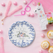 ハッピーバースデーブルーホワイト花模様紙プレート ペーパープレート (パーティー)