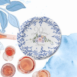 ハッピーバースデーブルーホワイト花模様紙プレート ペーパープレート