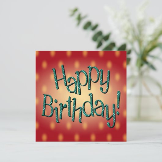 ハッピーバースデーブルー水玉模様文字レッド背景 招待状 (スタンド正面)