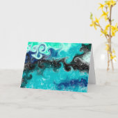 ハッピーバースデーブルー、ティール(緑がかった色)、ブラック抽象芸術アート カード (黄色い花)