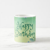 ハッピーバースデーブルー、ピンクの水色の花 コーヒーマグカップ (中央)