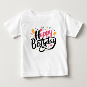 ハッピーバースデープリントモダンホワイトTシャツ ベビーTシャツ