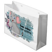 ハッピーバースデーベビーエレファント素朴ブルー ラージペーパーバッグ (正面アングル)