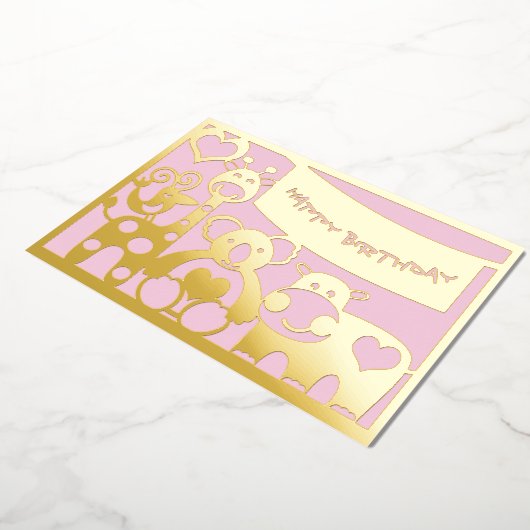 ハッピーバースデーベビーガール動物の金箔 箔シーズンカード (回転した状態)